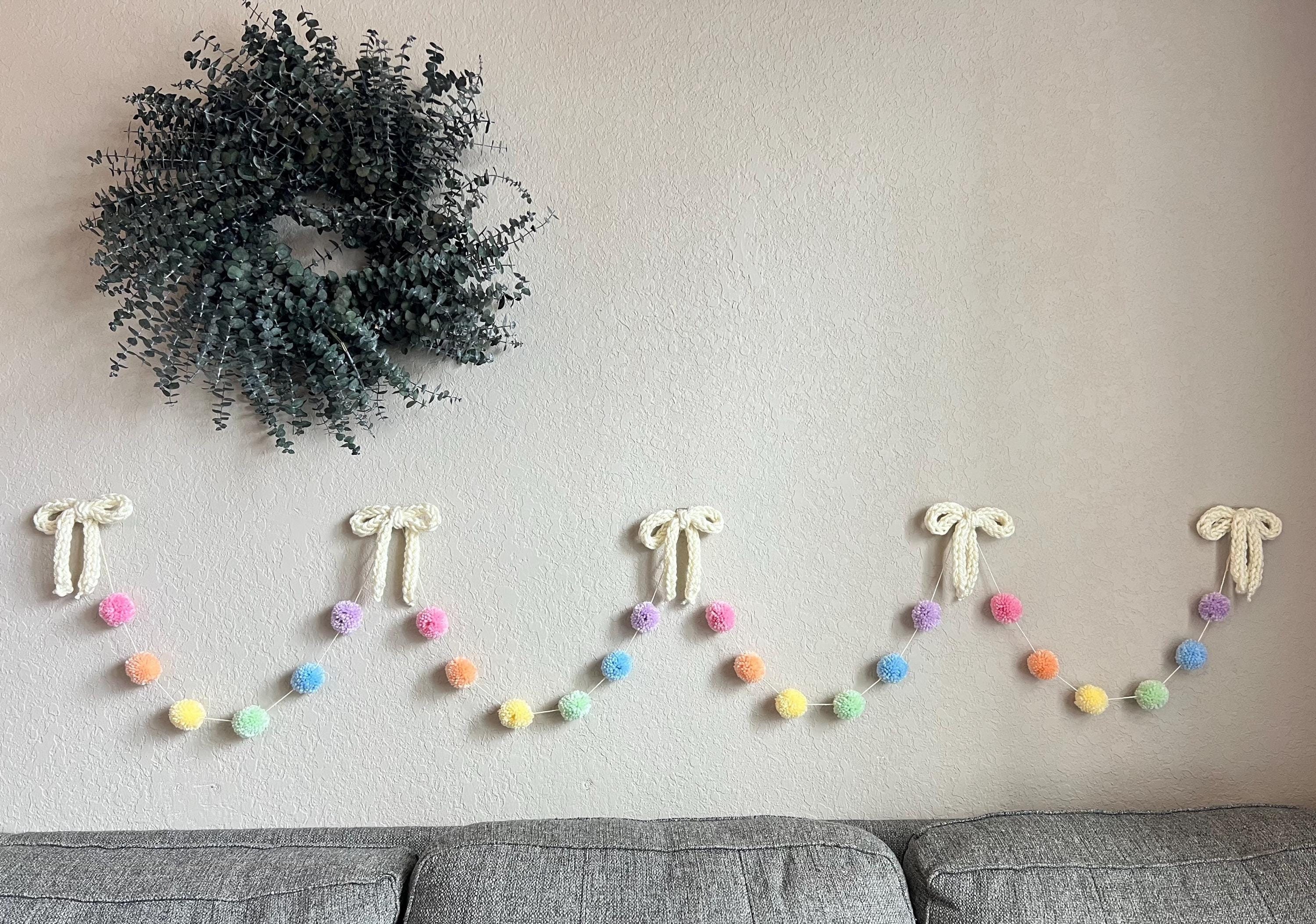 Handmade Pastel Pom-Pom and Crochet Bow Garland - Rainbow Banner for Mother’s Day, Baby Showers, and Nursery Decor
