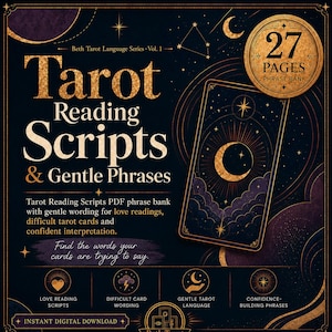 Puede incluir: Una descarga digital titulada Tarot Reading Scripts & Gentle Phrases, que incluye un banco de frases de 27 páginas. El diseño en azul oscuro y dorado presenta una ilustración de carta de tarot con una luna creciente, estrellas y nubes.