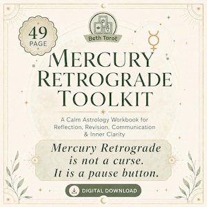 May include: A digital download graphic with a cream background. The text reads "Mercury Retrograde Toolkit" and "Mercury Retrograde is not a curse. It is a pause button." The graphic includes astrological symbols and botanical illustrations.