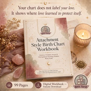 May include: A cream-coloured workbook titled "Attachment Style Birth Chart Workbook" with gold accents and the text "Beth Tarot". The image includes rose quartz crystals, a lit candle, and the text "99 Pages". The book's cover has illustrations.