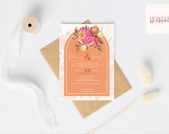 Orange & Pink Floral  Wedding Invitation Set Including Invite, Save The Date and RSVP - Digital Template