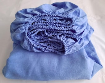 Cornflower blue linen bedding set: 1 fitted sheet & 2 pillowcases, softened linen sheet, farmhouse decor, eco-friendly bedding