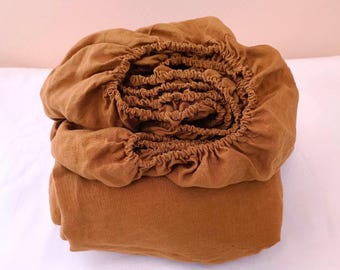 Ochre linen bedding set: 1 fitted sheet & 2 pillowcases, softened linen sheet, farmhouse decor, eco-friendly bedding
