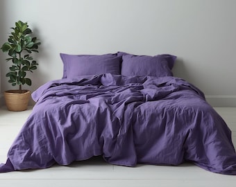 Juego de ropa de cama de lino violeta, 1 funda nórdica + 2 fundas de almohada, juego de funda nórdica natural, tamaños personalizados, lino suavizado, cierre oculto