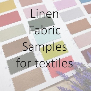 Puede incluir: Un primer plano de un libro de muestras de tela con el texto "Linen Fabric Samples for Textiles". El libro contiene una variedad de muestras de tela de lino en diferentes colores y texturas.