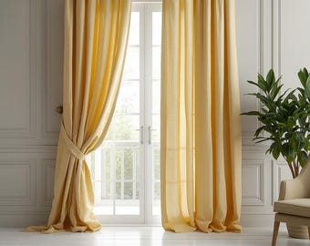 Pastel yellow set of 2 panels linen curtains, window treatment handmade custom, regular and darkening natural rustic linen drapes