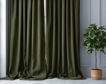Dark olive set of 2 panel linen curtains, regular & darkening washed linen drapes, natural rustic window treatment, handmade custom size