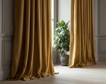Ochre set of 2 panels linen curtains, regular and darkening washed flax linen drapes, natural rustic window treatment handmade custom