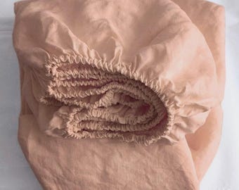 Peach linen bedding set: 1 fitted sheet & 2 pillowcases, softened linen sheet, farmhouse decor, eco-friendly bedding