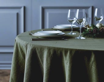 Round, rectangular or square dark olive linen tablecloth, rustic linen tablecloth with suff effect, table cover custom sizes