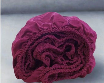 Raspberry linen bedding set, 1 fitted sheet + 2 pillowcases, handmade linen sheet with elastic all around, farmhouse decor, custom sizes