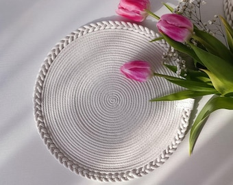 White Cotton Rope Placemats Set, Round Woven Placemats, Natural Table Mats, Eco Friendly Table Decor, Minimalist Dining
