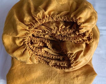 Mustard linen bedding set: 1 fitted sheet & 2 pillowcases, softened linen sheet, farmhouse decor, eco-friendly bedding