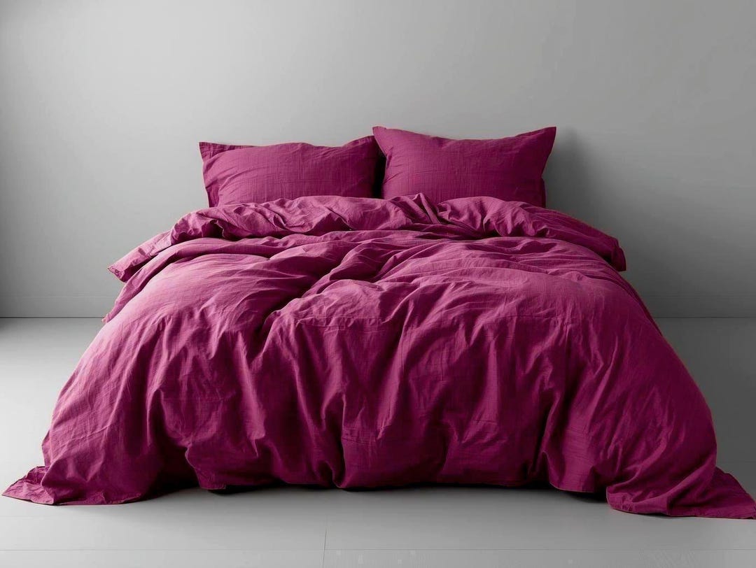 Raspberry Linen Bedding Set, 1 Duvet Cover + 2 Pillowcases, Natural ...