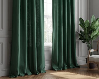 Forest green set of 2 panel linen curtains, regular and darkening washed flax linen drapes, custom sizes natural rustic window treatment
