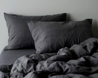 Charcoal linen pillowcases, washed linen material, natural soft pillowcases, envelope closure, zip or buttons (specify in personalization)