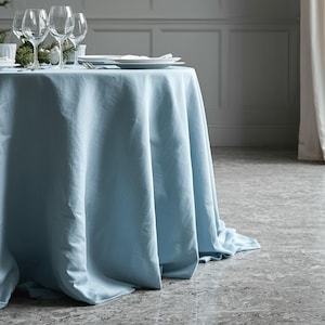 Rustic sky blue linen round or rectangular tablecloth is handcrafted and custom sizes are available