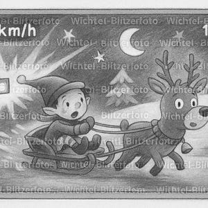 以下が含まれることがあります： 白黒イラストのクリスマスシーン。そりの中の妖精がトナカイに引かれています。画像には、時速42kmと19時58分を示すテキストが含まれています。