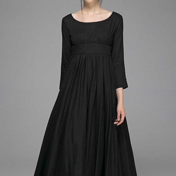 Empire-Taille Kleid, Vintage-Stil Maxi Kleid, schwarzes Leinenkleid, Frauen Swing-Kleid, Plus Größe Kleid, Xiaolizi, Fit und Flare Kleid 1394 #