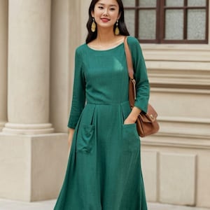 Linen Dress, Green Linen Midi Dress, Long Linen Dress, Womens Linen Dress, A-Line Linen Dress With Pockets, Handmade Dress,  Xiaolizi 3848#