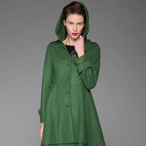 Green Hooded Wool Coat Women Long Wool Trench Coat Fit and - Etsy