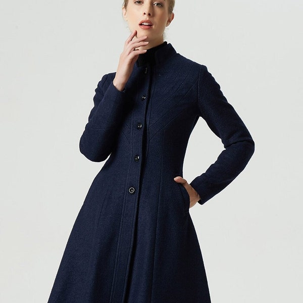 Midi wool coat, warm winter coat women, Navy wool coat, women coat for winter, coat with pockets, smaller collar coat, handmade coat 1951#