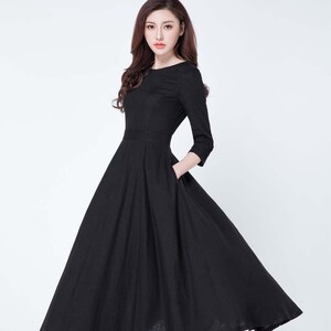 Black dress, linen dress, maxi dress, pleated dress, party dress, evening dress, round collar, 3/4 sleeves dress, ladies dresses 1728 image 1