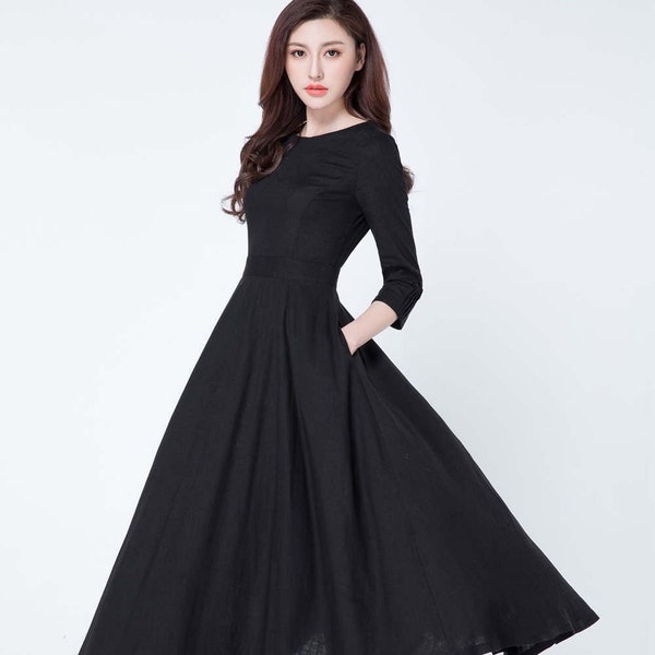 Black dress, linen dress, maxi dress, pleated dress, party dress, evening dress, round collar, 3/4 sleeves dress, ladies dresses  1728#