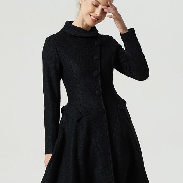 Vintage inspired Swing coat, Black wool coat, wool coat women, midi coat, autumn winter coat, women coat, fitted coat, warm coat 1973#