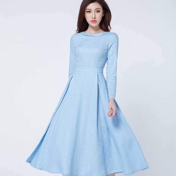 Hellblaues Kleid, Midikleid, Plissee Kleid, Frühlingskleid, lange Ärmel Kleid, Leinen Kleidung, Leinen Kleid Frau, Party Kleid 1727#