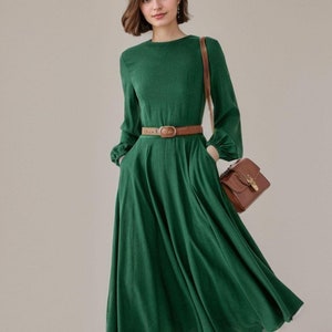 Linen dress, Women&#39;s Green Linen Midi dress, Fit and flare dress, Modest Dress with pockets, Spring dress, Custom made dress, Xiaolizi 3829#