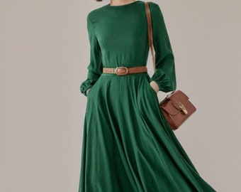 Linen dress, Women's Green Linen Midi dress, Fit and flare dress, Modest Dress with pockets, Spring dress, Custom made dress, Xiaolizi 3829#