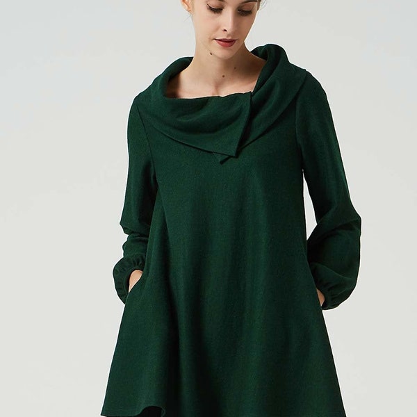 Grüne Wolle Tunika Winter Kleider für Frauen, locker sitzende Herbst Tunika Kleid, geschichtetes Kleid, Damen Tunika Kleid, plus Größe Kleid Xiaolizi 2065