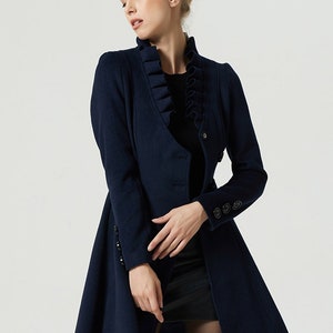 navy blue coat, asymmetrical coat, wool coat, ruffle coat, knee length coat, buttoned coat, fitted coat, midi coat, long sleeves coat 1974#