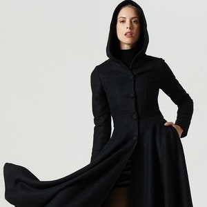 Long Wool Maxi Coat, Black Wool Coat Women, Swing Wool Hooded Coat ...