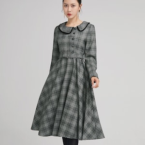 Vintage 1950s wool dress, plaid wool dress, long sleeves dress, winter dress, womens dresses, classic dress, tie belt dress 2235#