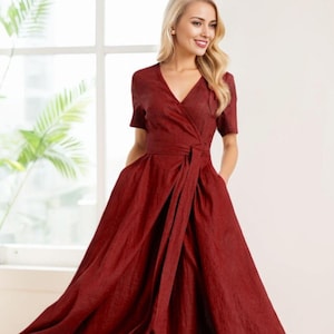 Linen dress, Burgundy Wrap dress, Summer Maxi dress, Womens dress, Long Linen dress, Dress with pockets, Custom dress, Xiaolizi 4248#