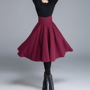 Handmade Flared Burgundy Wool Skirt - Women's High-Waisted Winter Midi Skirt 1678# Handmade Flared Burgundy Wool Skirt - Women's High-Waisted Winter Midi Skirt 1678#