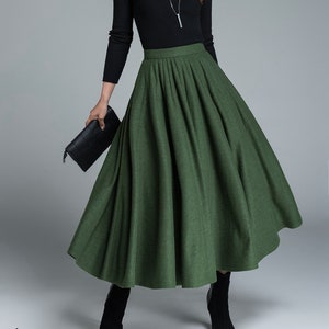 50s Green Long Wool Skirt, Wool Circle Skirt, Vintage Inspired Pleated Long Skirt, High Waist Skirt, Swing Skirt, Autumn Winter skirt 1641