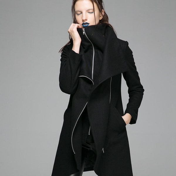 Women Black Asymmetrical Wool Jackets & Coats, Modern Warm Winter Coat, Ladies Double Collar Coat, Designer Clothing, Pea Coat Xiaolizi 1363