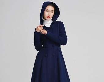 Manteau à capuche femme, manteau d'hiver, manteau en laine, manteau long en laine, manteau femme, manteau croisé, vêtements en laine, Xiaolizi 2250#