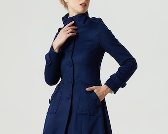 Blue military wool coat, winter coat women, wool coat women, warm wool coat, long wool coat, A Line coat, handmade coat 1960#