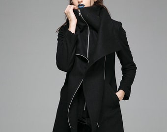Women Black Asymmetrical Wool Jackets & Coats, Modern Warm Winter Coat, Ladies Double Collar Coat, Designer Clothing, Pea Coat Xiaolizi 1363