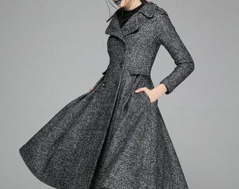 Black wool coat, black coat, double breasted coat, wool coat, winter coat women, womens coat, fit and flare coat, Handmade coat 1373#