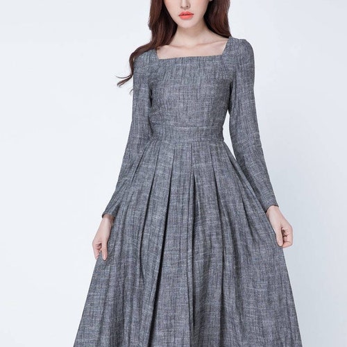 Square Neck Linen Swing Dress Gray Pleated Linen Midi Dress | Etsy