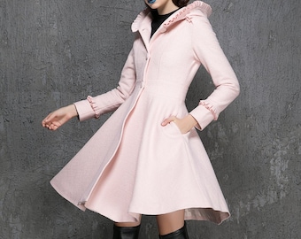 Hooded Swing coat in pink, hooded wool coat, womens coats, winter coat, ladies clothing, mod clothing, autumn and winter coat outfit 1352#