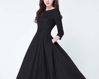 Black dress, linen dress, maxi dress, pleated dress, party dress, evening dress, round collar, 3/4 sleeves dress, ladies dresses  1728#