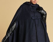 cape coat, hooded cape , Navy cape , wool cape coat, womens cape , blue cape , poncho cape, winter cape , personalized cape , cloak 0391