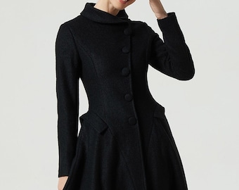 Vintage inspired Swing coat, Black wool coat, wool coat women, midi coat, autumn winter coat, women coat, fitted coat, warm coat 1973#