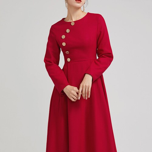 red wool dress, warm winter dress, elegant dress, button dress, midi dress, party dress, pleated dress, fitted dress, made to order 2234#